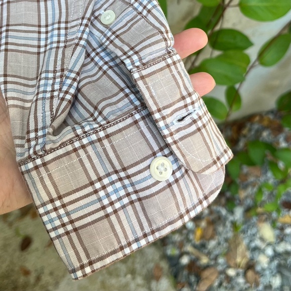 Façonnable Men’s Check Plaid Button Up Shirt - Beige / Brown / Blue, Large Tall - Picture 4 of 12